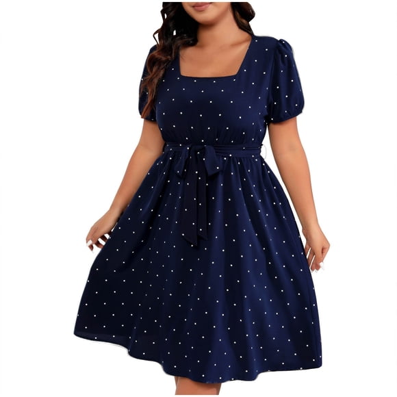 hotojiny Plus Size Dresses for Curvy Women Vintage Polka Dot Flowy A-Line Dress Elegant Puff Short Sleeve Tie Waist Cocktail Dress