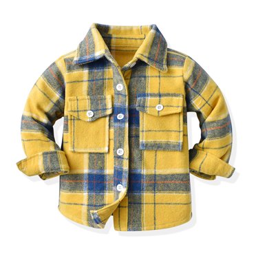 Chemise en Flanelle pour Enfants, Chemises à Carreaux pour Tout-Petits Garçons, Chemises à Manches Longues d'Automne et d'Hiver à Col à Revers avec Boutons et Poches Jaune 3-6 Mois