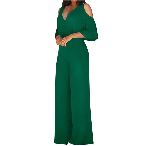 Mrat Loose Pants with Pockets Summer Casaul Jumpsuit Womens Fashion Wide Leg Pants Solid Short Sleeve V-Neck Tops Jumpsuits Wide Leg Sweatpants Ladies Green L