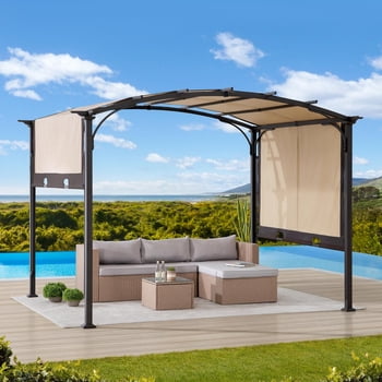 Sunjoy Pergola arquée en acier 9.5 x 11 pi pour extérieur avec toit réglable pour patio, arrière-cour et jardin, beige et marron.