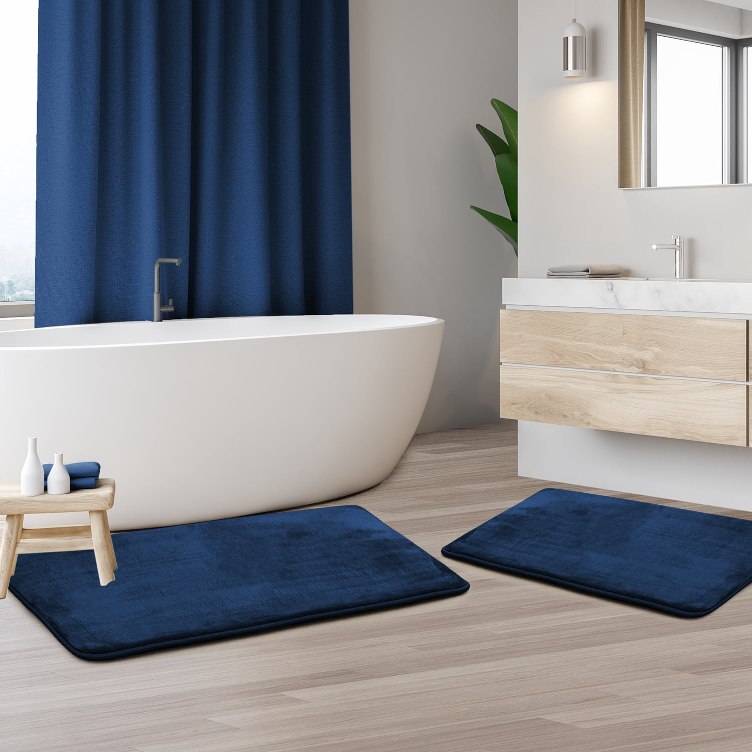 Set of 2 Small Clara Clark Bath Mat Bathroom Rug - Absorbent Memory Foam Bath Rugs - Non-Slip, Thick, Cozy Velvet Feel Microfiber Bathrug, Plush Shower, Toilet- Floor Bathmats Carpet - Blue - 17"x24"