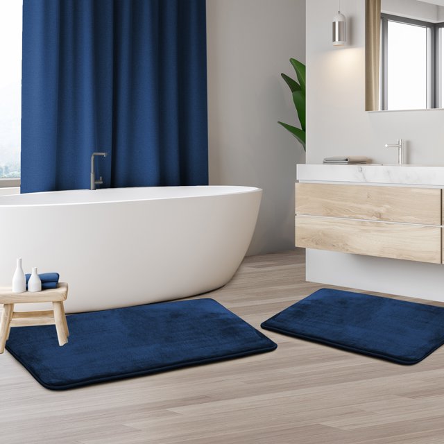 Set of 2 Large Clara Clark Bath Mat Bathroom Rug - Absorbent Memory Foam Bath Rugs - Non-Slip, Thick, Cozy Velvet Feel Microfiber Bathrug, Plush Shower, Toilet- Floor Bathmats Carpet - Blue - 20"x32"