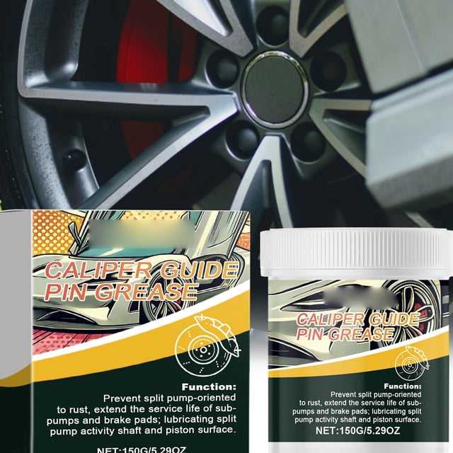 Automobile Brake Caliper Grease Brake Cylinder Pin Special Grease Silicone Based Lubricant Brake Caliper Silencer Grease. The image shows a container of caliper guide pin grease with a yellow and black label, featuring text about its function to prevent rust and extend the service life of brake components. The container is placed in front of a close-up view of a car wheel with a visible brake disc. The grease is silicone-based and designed for precise application with a brush, ensuring optimal performance of brake pins.