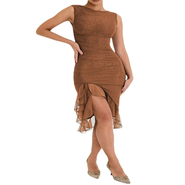 Robe Midi Fendue Sans Manches pour Femmes, Col en V, Fendue Haute, Élégante pour Fête