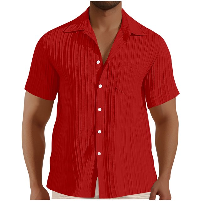 Chemises pour Hommes, Chemise Habillée Décontractée à Manches Courtes Boutonnée Texturée Hawaïenne Unie
