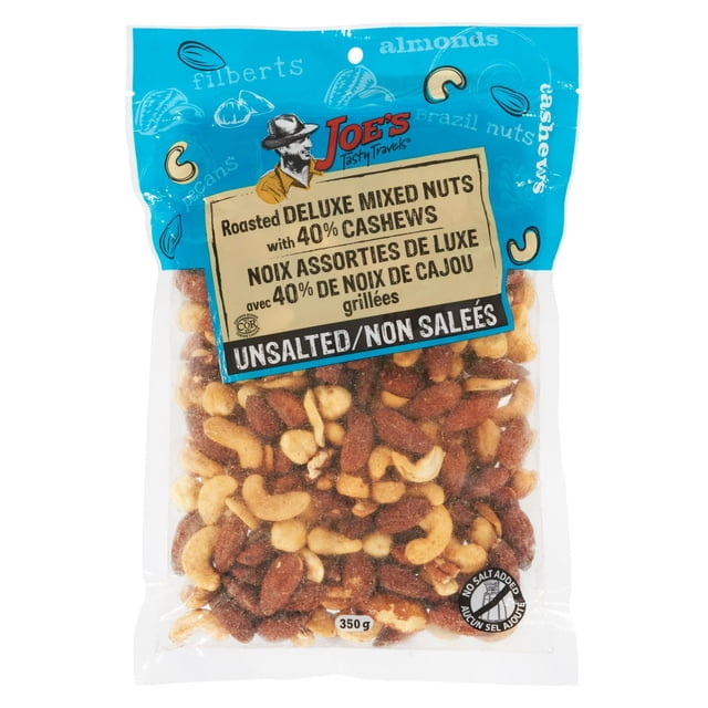 de Luxe Noix Mélangées Rôties Sans Sel (40 % de Noix de Cajou) par Joe's Tasty Travels, Sac Transparent de 350 g Montrant des Noix de Cajou Rôties Non Salées, des Amandes, des Noix du Brésil, des Pacanes et des Filets, avec un Dessus Bleu Présentant des illustrations de Noix et un Étiquetage Bilingue Anglais-Français, Convient pour des Collations Santé Ou pour Ajouter aux Recettes.