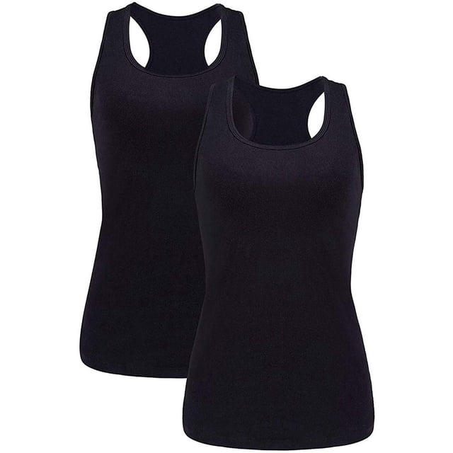 Charmo Camisole en Coton pour Femme avec Soutien-Gorge Intégré, Débardeur Extensible, Camisoles, Lot de 2. l'Image Montre Deux Camisoles en Coton Noires avec Soutien-Gorge Intégré, Conçues pour un Soutien Léger et un Confort. Fabriquées à Partir de 95 % Coton et 5 % Élasthanne, Ces Hauts Offrent un Style Sans Coutures, des Coutures Plates et une Coupe Extensible Qui Conserve Sa Forme. Idéal pour Superposer, Porter de Façon Décontractée Ou pour des Activités Athlétiques comme le yoga Ou la Course.