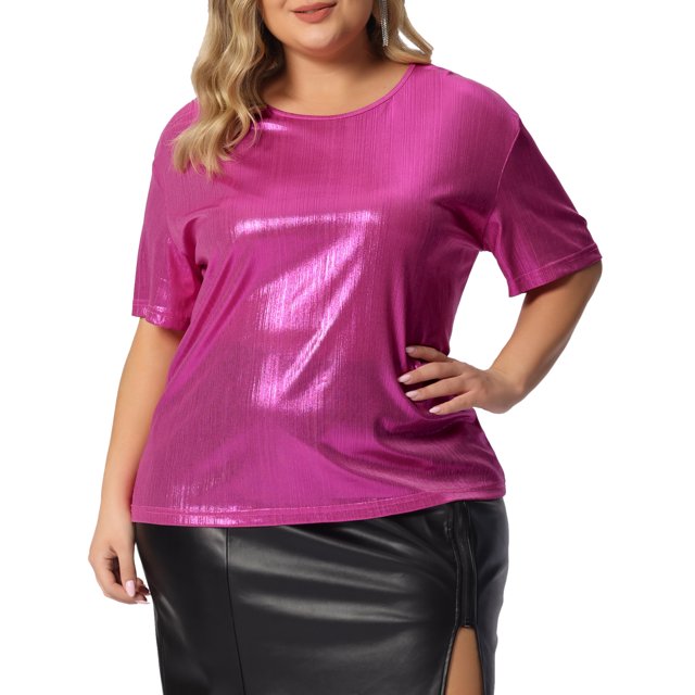 GRACE & GRANDEUR Haut Grande Taille pour Femmes Métallisé Col Rond Manches Courtes T-Shirt Chemisiers de Fête Tee Hauts