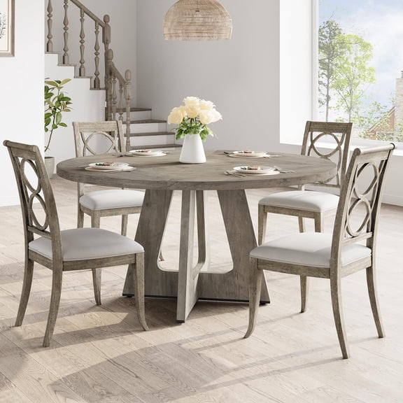 AKDSteel 47" Round Dining Table Set for 4 to 6, Farmhouse Kitchen Table with Wooden Top and Pedestal Base, Circle Dinner Table for Dining Room, Kitchen Room - Grey (No Chairs)
