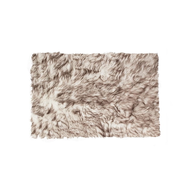 H-Luxe Hudson Faux Fur 2'X3' Rug with a rectangular shape and thick, plush pile in cream and light brown hues, featuring a soft, eco-conscious faux sheepskin texture ideal as an indoor accent rug for warmth and comfort, often used draped over furniture for added softness.