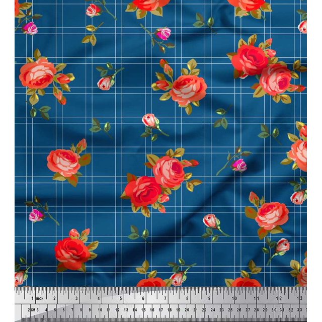 Soimoi Polyester Crepe Fabric Check,Leaves & Rose Flower Printed Fabric 1 Yard 42 Inch Wide