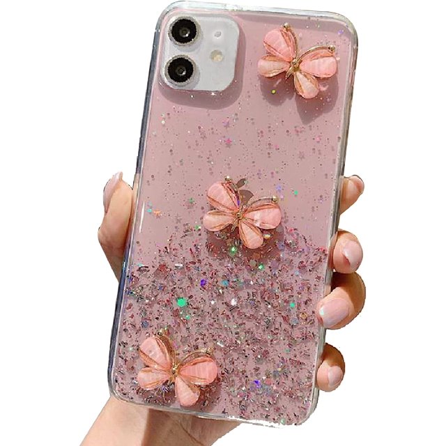 Crystal Glitter Mobile Phone Case compatible with iPhone 12 Pro, featuring a transparent design with embedded pink crystal butterflies and floating glitter. Made of soft TPU silicone and PC bumper for shockproof protection. Includes precise cutouts for easy access to buttons and ports, and supports wireless charging. The case has raised corners for added screen and camera protection, and a crystal chain for added style.