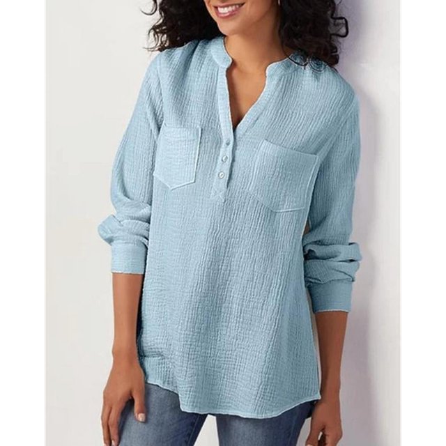 Chemises Unies à Col en V pour Femmes avec Poche en Coton Lin Blouses Amples