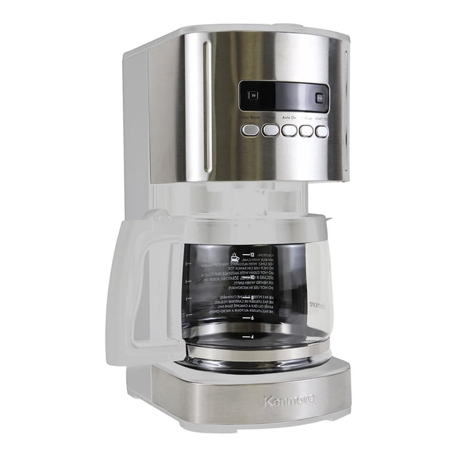 Kenmore Aroma Control 12-Cup Programmable Coffee Maker in white and stainless steel with a glass carafe, digital timer, reusable filter, and stainless steel warming plate for drip coffee brewing.