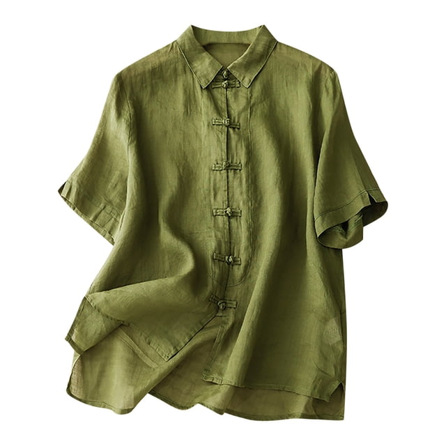 hotojiny Womens Button down Shirt Lightweight Cotton Linen Short Sleeve Beach Tops Spring Breathable Flowy Solid Color Clothes