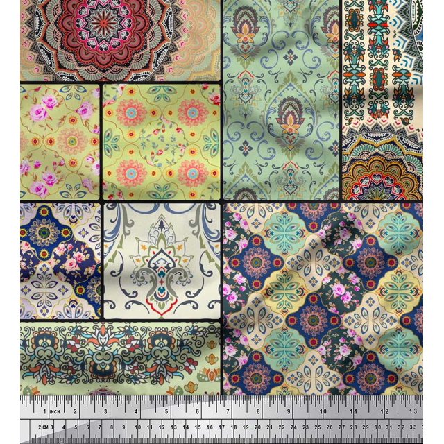 Soimoi Japan Crepe Satin Fabric Ogee & Mandala Patchwork Fabric Prints by Yard 42 Inch Wide