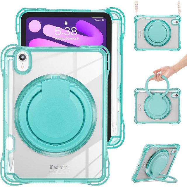 Case for iPad Mini 7 A17 Pro / Mini 6, iPad Mini 6th/7th Gen 2021 2024 8.3 Inch Shockproof Rugged Protective Cover with 360 Rotating Stand Pencil Holder Hand/Shoulder Strap Transparent Back