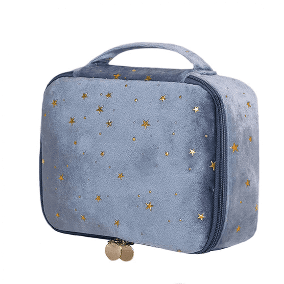 Women Cosmetic Makeup Bag with Makeup Brush Holder Travel Velvet Cosmetic Bags with Zipper Starry Make up Pouch Bag---B Blue