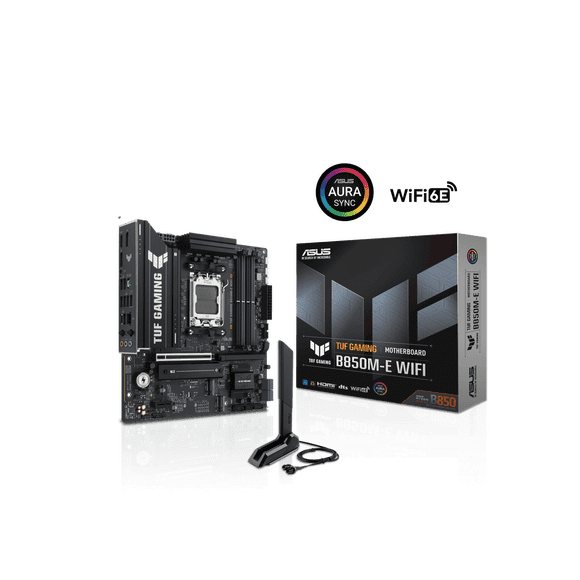 ASUS TUF GAMING B850M-E WIFI AMD B850 mATX motherboard, 8+2+1 80A DrMOS power stages, DDR5, PCIe 5.0, three M.2 slots, WiFi 6E, 2.5Gb Ethernet, DisplayPort, HDMI, rear USB-C 10Gbps and front USB-C 5Gb