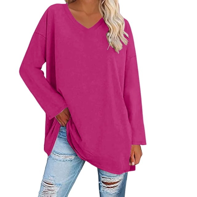 Breezora Tunique à Col Rond Oversize pour Femmes, Manches Longues, Chemise Rayée, Blouse Douce à Coupe Ample, Tenue Décontractée Décontractée, Confort Quotidien 2026, Taille TTG, Rose Vif