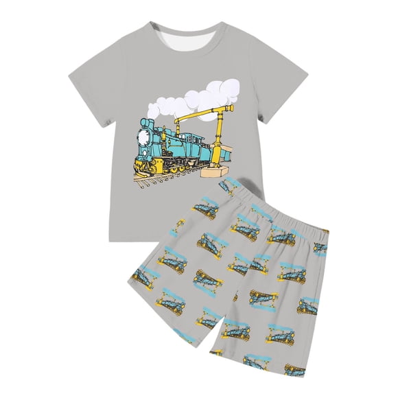 Luvoko Little Boys Kids Sport Tracksuit Sport Shorts Sets, Train Print Boy T-Shirts Shorts Outfit Summer Shorts For Boys Sibling Matching Outfits (Light Gray,3-4 Years)