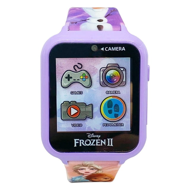 Disney Frozen Touch Screen Interactive Watch with Camera in purple plastic case featuring a square digital display with icons for games, camera, video recorder, and pedometer, and a Frozen II themed strap showing Elsa and Anna characters.