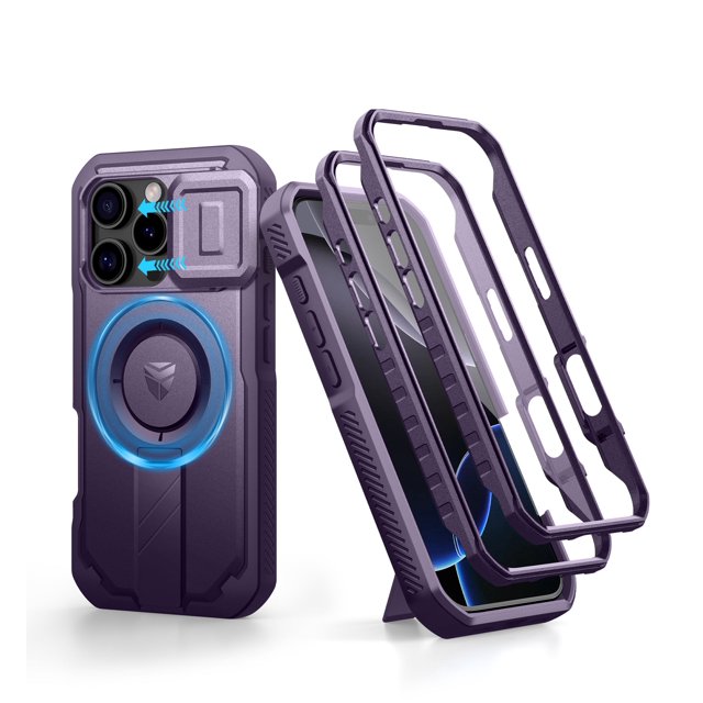 Dexnor for iPhone 16 Pro Case with Slide Camera Cover & Adjustable Kickstand & Built-in Screen Protector, Compatible with MagSafe Shockproof Bumper Cases Heavy-Duty Magnetic Protective Cover, Purple