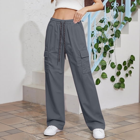 Zulora Women High Waisted Lace Up Cargo Pants Wide Leg Casual Trousers with Pockets for Fall Winter