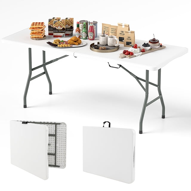 Gymax Table Pliante Portable de 6 Pi avec Plateau en HDPE, Mécanisme de Verrouillage Sécuritaire, Poignée de Transport, Blanc