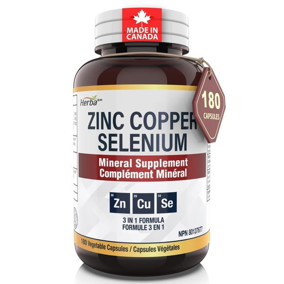 Herba Zinc Picolinate 25mg with Copper and Selenium - 180 Capsules | 3 in 1 Mineral Supplement | Made in Canada