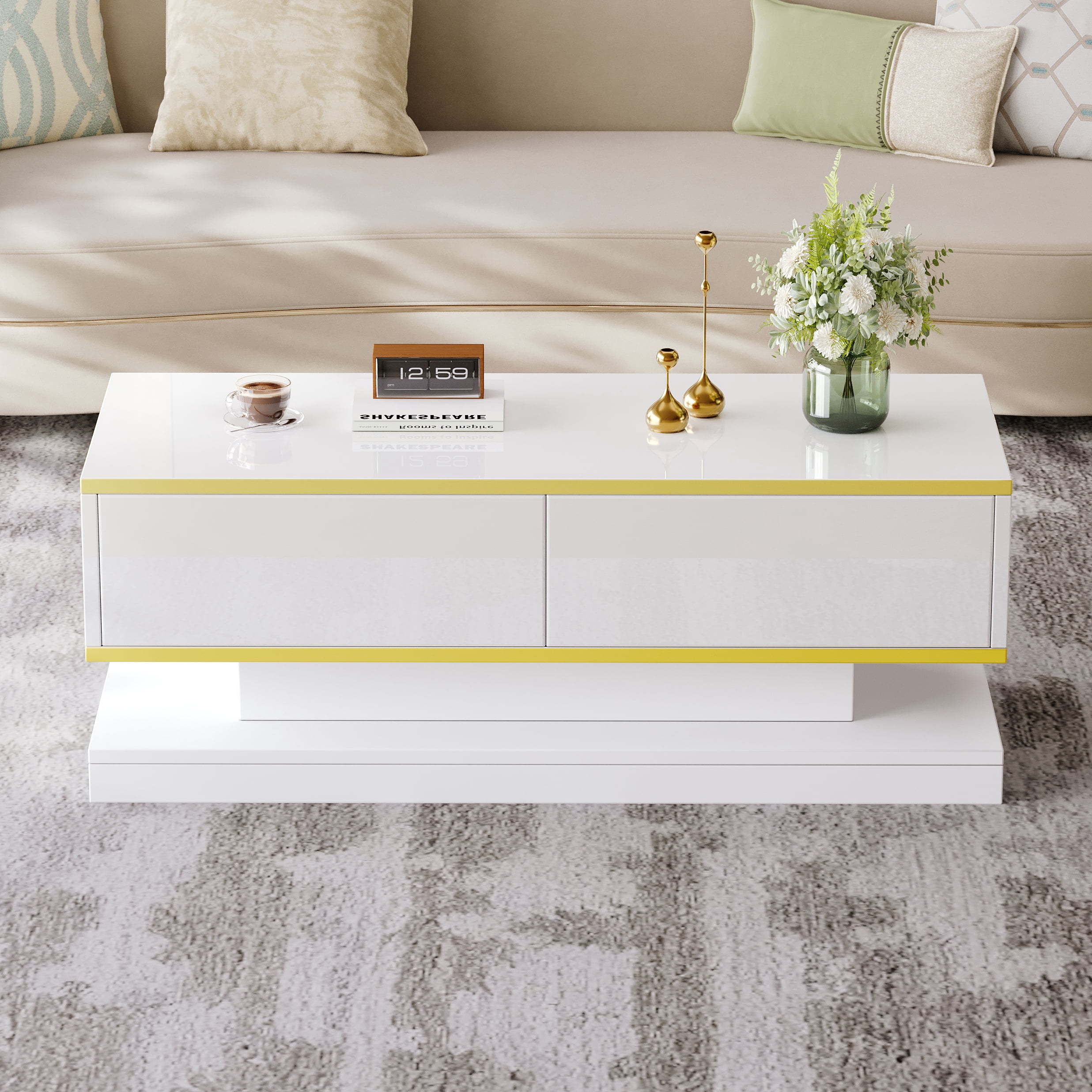 Table basse Noble House 100 cm, fini lustré, bordure dorée, 2 tiroirs, blanche