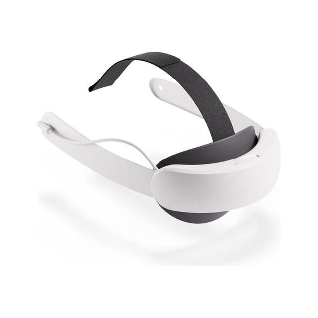 Meta Quest Bracelet Elite avec Batterie Présentée dans une Vue Inclinée aux 3/4, Doté d'Un Cadre Rigide Blanc avec un Bracelet à Cadran Ajustable Noir et un Soutien Arrière flexible en silicone, Conçu pour Meta Quest 3/3S pour Prolonger le Temps de Jeu jusqu'à 2 Heures et Offrir une distribution Ergonomique du Poids pour le Confort.