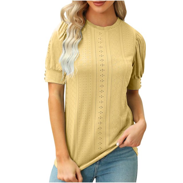 Timegard Hauts pour Femmes, Oeillets, Col Rond, Manches Courtes Bouffantes, Boutonné, Confortable, Couleur Unie, Tunique Décontractée