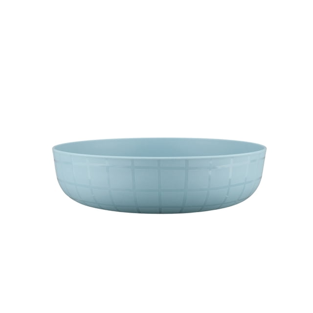 Mainstays Grid Blue Polypropylene Dinner Bowl in light blue with a subtle grid texture, made of durable, lightweight polypropylene, shown in a side profile on a white background, ideal for soups, pastas, salads, and suitable for serving snacks.