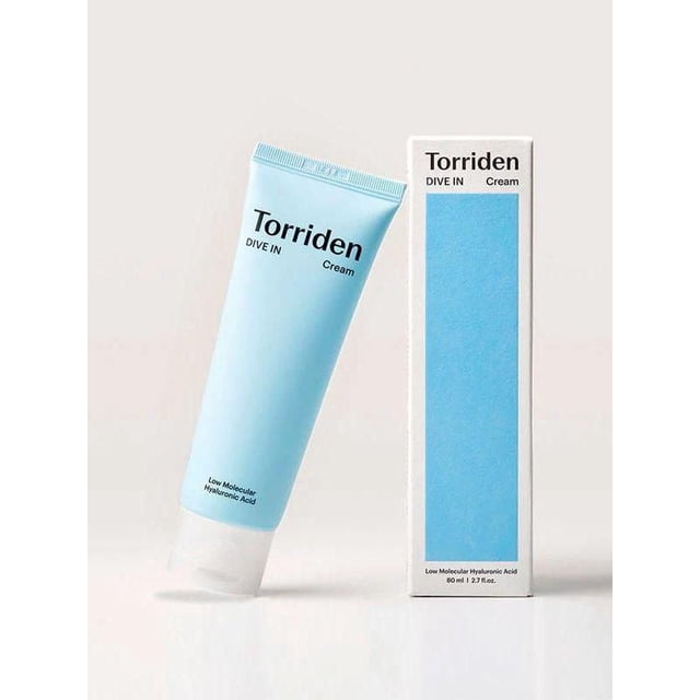 Torriden Dive-In Low Molecular Hyaluronic Acid Cream 80ml in a light blue tube with black text and white cap, next to its white box with a large blue panel and product details, designed for deep, lasting hydration and skin barrier strengthening in face moisturizers.