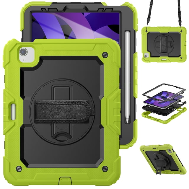 XYX For iPad Air 5th/4th Generation 10.9 inch 2022/2020 Case, 360 Rotating Shockproof Cover with Stand, Screen Protector, Shoulder Strap, Lime