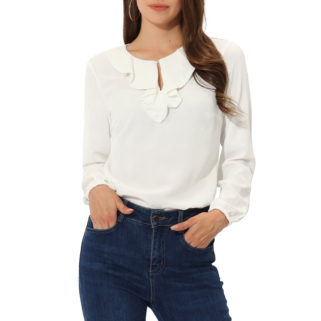 INSPIRE CHIC Women's Ruffle Neck Long Sleeve Blouse Shirts M White-Solid