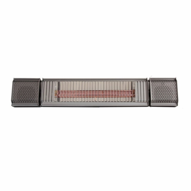 Paramount Smart Electric Heater with Bluetooth Speakers in gunmetal grey, front view showing a rust-resistant aluminum frame with a central ULG Plus heating element protected by a metal grille and Bluetooth speaker grills on each end, designed for outdoor patio heating and app-controlled music streaming.