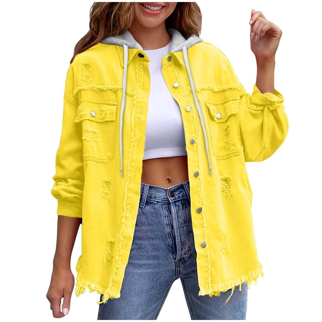 RXMEKW Womens Shirts Casual, Solid Color Denim Jacket with Detachable Hood