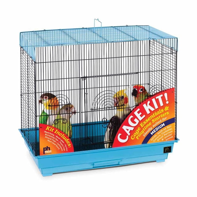 Prevue Cockatiel Kit Flight Cage Blue is a medium-sized bird cage measuring 26 inches long, 14 inches wide, and 22 1/4 inches high, with a blue plastic base and black wire mesh sides topped by a blue wire roof. It includes two plastic perches, two hooded cups, a solid wood ladder, a cuttlebone, mineral treat, and toys, ideal for small to medium birds like cockatiels and parakeets.