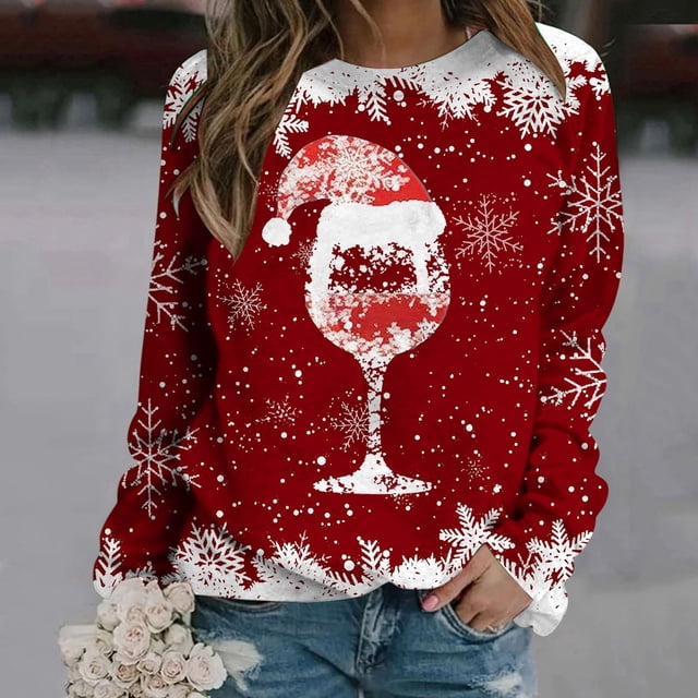 TIMIFIS Chandail en Molleton Oversize de Noël pour Femmes Décontracté Mignon Verre de Vin Rouge Flocon de Neige Imprimé Col Rond Chandail Cadeaux pour Noël