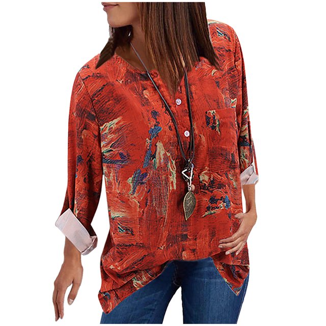 Mode Femmes Décontracté Vintage Imprimé Col en V Manches Longues Chemise Blouse Hauts
