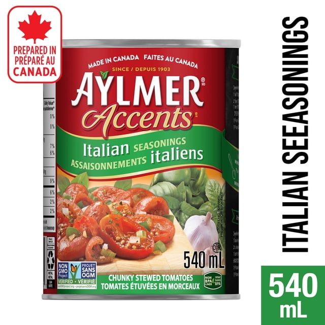 Aylmer Accents Tomatoes, Italian Stewed in a 540 mL can made in Canada, featuring chunky stewed tomatoes with Italian seasonings including onion, celery, green peppers, parsley, and garlic, non-GMO verified and BPA-free, ideal for enhancing Italian dishes.