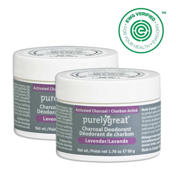 2 Pack - Purelygreat Natural Deodorant Cream - Charcoal Lavender 50g Aluminum Free Vegan, Made in Canada