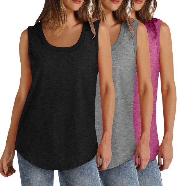 Plebaso Lot de 3 Débardeurs pour Femmes Décontractés d'Été Sans Manches Amples Col Rond T-Shirts Basiques pour Dames