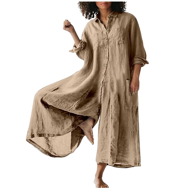 Yuyuzo Combinaisons en Lin pour Femme Grande Taille Manches Courtes V Col Fronceur Bouton vers le Bas Robe Décontractée
