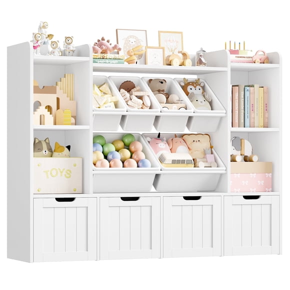 Hiphuta Bibliothèque pour Enfants à 3 Niveaux de 55 Po avec Organisateur de Rangement pour Jouets, Organisateur de Jouets en Bois avec 6 Boîtes et 4 Tiroirs Amovibles, Blanc