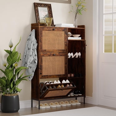 TROPOW Armoire de Rangement pour Chaussures, Armoire à Chaussures à 3 Niveaux avec Tiroirs Basculants, Organisateur de Rangement pour Chaussures Autoportant Étroit avec Tablettes Ajustables, Armoire à Chaussures pour Entrée, Rebord sur le Dessus, Rétro