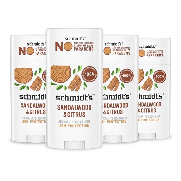 Schmidt's Aluminum-Free Vegan Deodorant Sandalwood & Citrus 4 Count for Women and Men with 24 Hour Odor Protection Natural Ingredients Cruelty-Free 2.65 oz