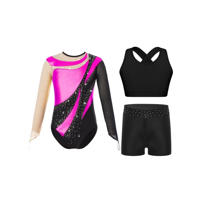 Zaldita Kids Girls Gymnastics Leotards Shiny Rhinestones Mesh Back Keyhole Unitards Jumpsuits with Crop Tops Shorts Hot Pink 10